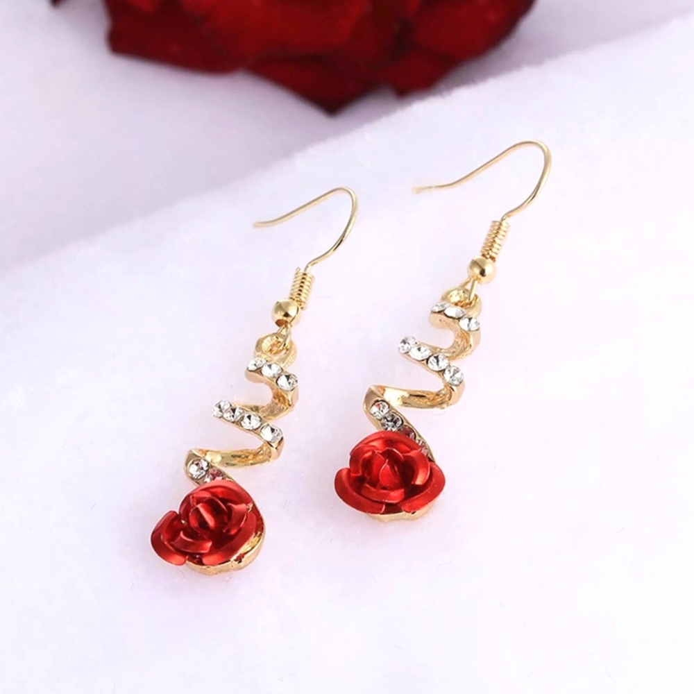 Red Rose Rhinestone Floral Christmas Valentines Day Dangly Gold Hook Earrings